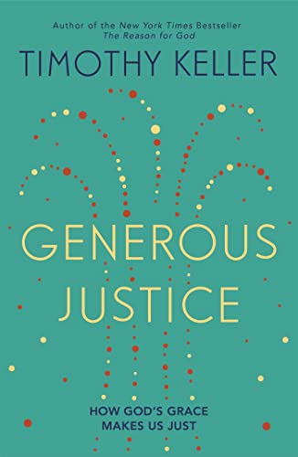 Book cover: teal background with white and red text, "Generous Justice.