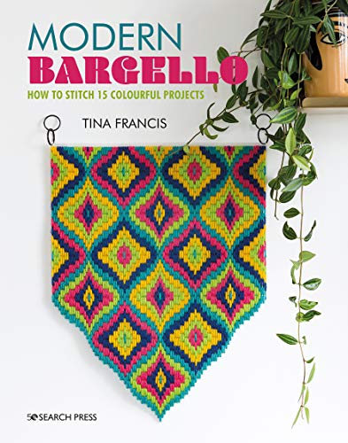 Book cover featuring colourful, geometric needlepoint and trailing plant.