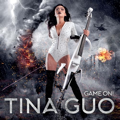 Tina Guo holding an electric cello amidst a stormy, explosive cityscape.