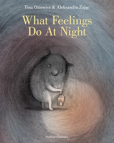 A fuzzy creature holds a lit lantern in a dark, swirling, sketch-style background.