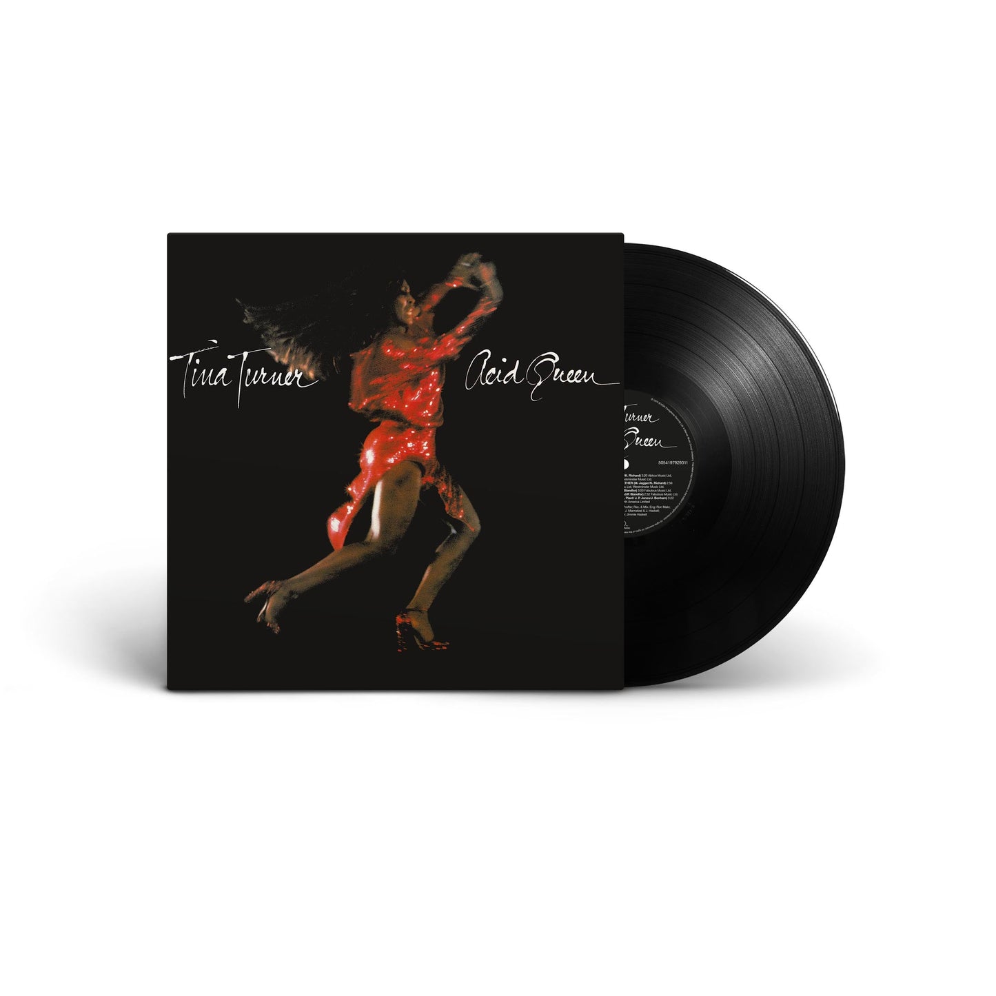 Tina Turner "Acid Queen" vinyl record with cover art and black disc.