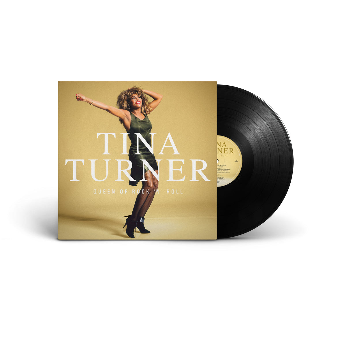 Tina Turner album cover with vinyl record, gold background.