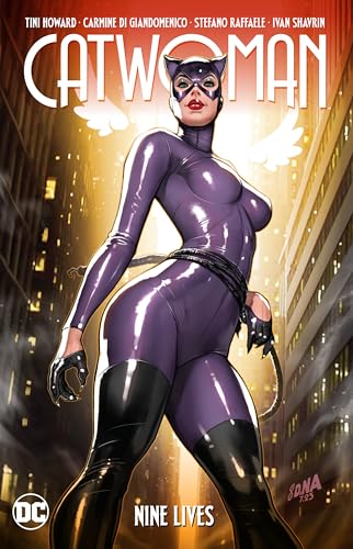 Catwoman in a purple catsuit poses against a city skyline.