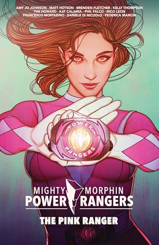 Pink Ranger holds a glowing Power Ranger emblem in her outstretched hands.