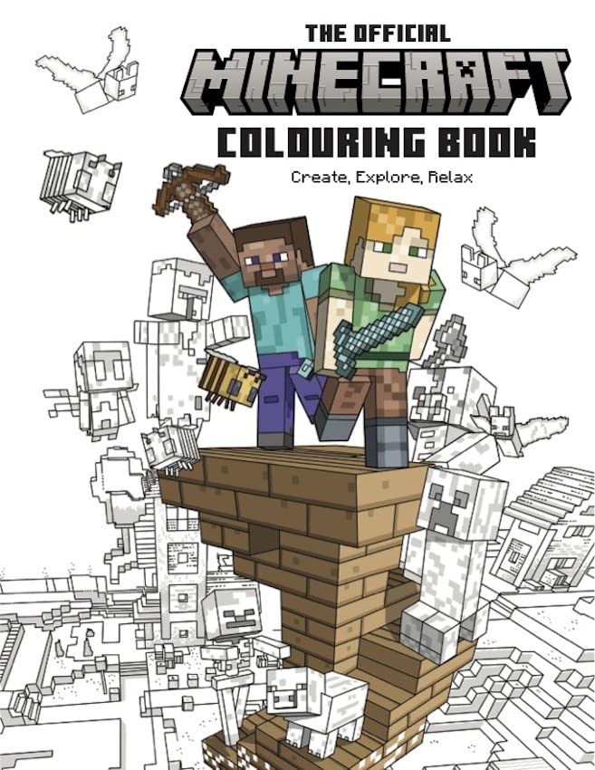 Minecraft colouring book cover with pixelated characters and a landscape.