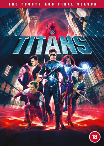 Titans Season 4 DVD cover featuring superhero characters in a city.
