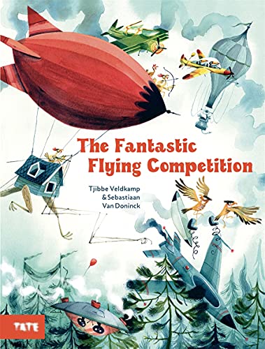 Colorful illustration of whimsical flying machines and animals in a competition.