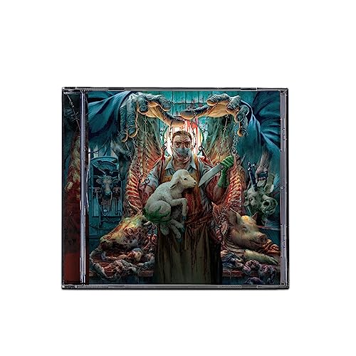 CD case with disturbing imagery of a butcher and animal carcasses.