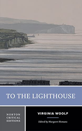 Book cover: "To the Lighthouse" by Virginia Woolf, coastal scene.