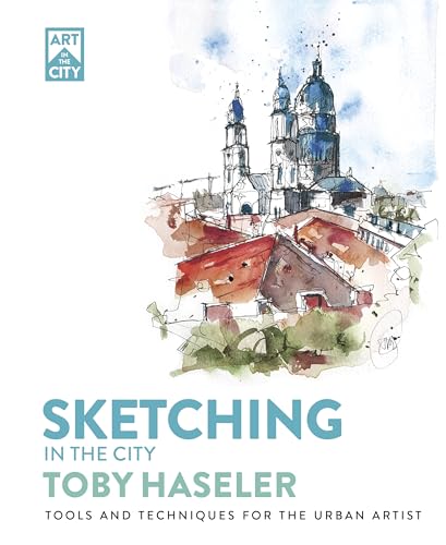 Watercolor painting of a cityscape with a church and buildings on a book cover.