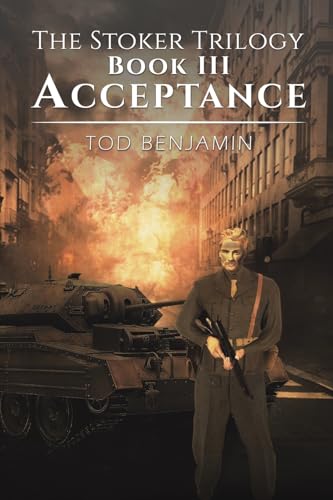Book cover: man with rifle stands before tank and burning city.