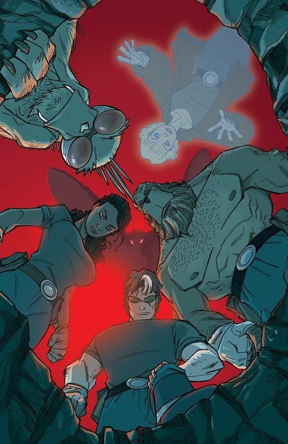 Group of people surrounded by a red vortex, comic book art.