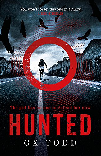 Book cover showing a person running down a road under birds with red rings.