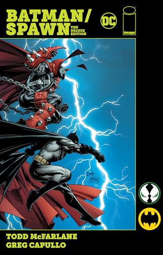 Batman and Spawn face off amidst a stormy, electric blue background.