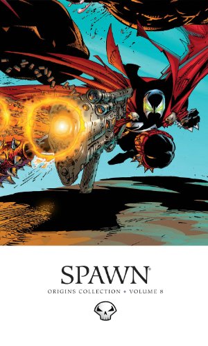 Spawn, a masked figure, flies through a fiery, chaotic battle scene.