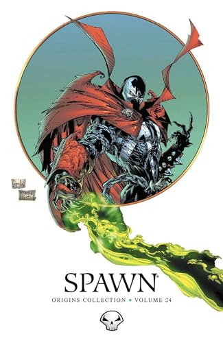 Spawn, a heavily armored figure with a red cape, in a circular frame.
