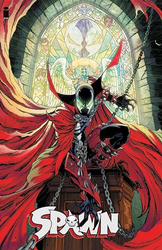 Spawn comic book cover featuring a cloaked figure before a stained-glass window.