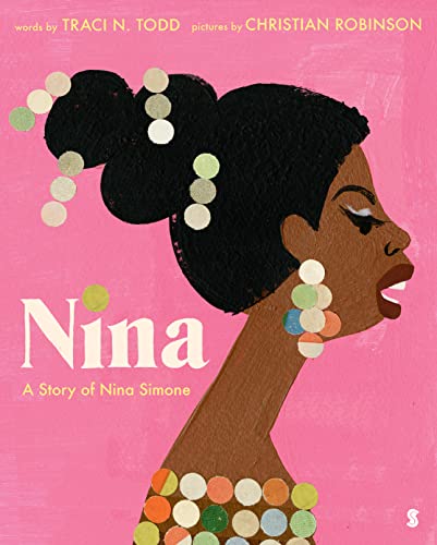 Book cover featuring a profile illustration of Nina Simone against a bright pink background.