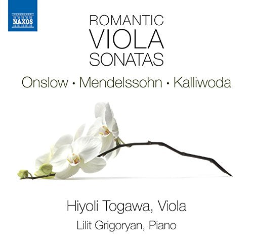 CD cover showing white orchid flowers with text Romantic Viola Sonatas against white background.