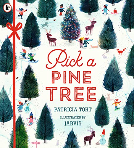 Children's book cover with pine trees, reindeer, and winter activities.