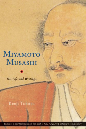 Book cover featuring a portrait of Miyamoto Musashi, a Japanese swordsman.