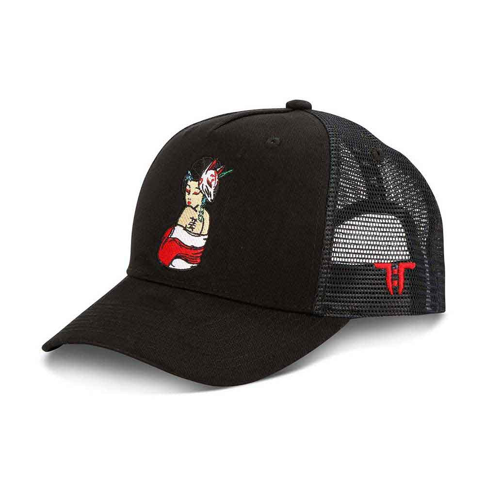 Mesh-back cap with tattoo-style geisha artwork, unisex design.