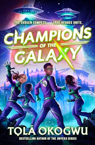 Four children in purple space suits stand before a futuristic city under flying saucers.