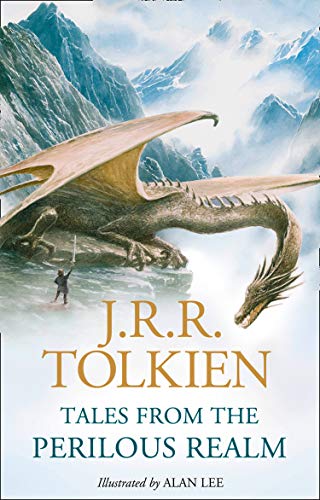 Book cover: dragon flying over mountains, small figure with sword.