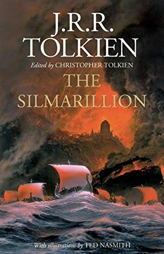 Book cover showing sailing ships on a stormy sea before a fiery mountain fortress.