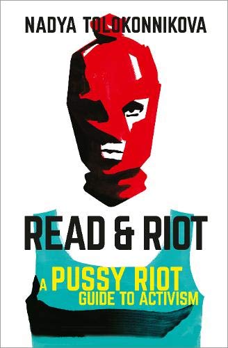 Book cover with a red mask and bold text: "Read and Riot.
