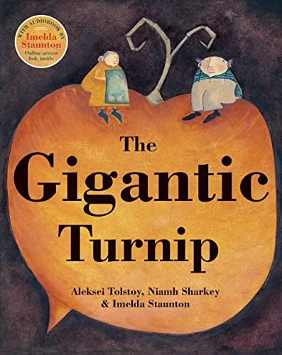 Book cover for The Gigantic Turnip showing an elderly couple sitting on a giant turnip.