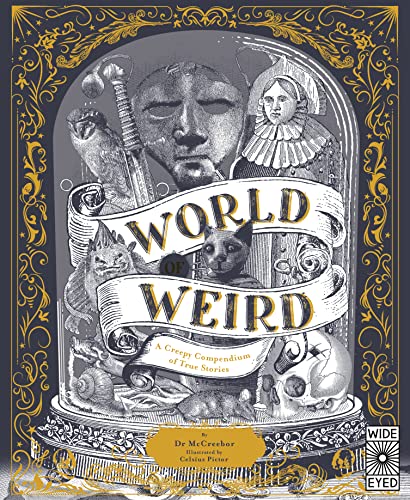 Book cover with ornate frame, eerie illustrations, and the title "World of Weird".