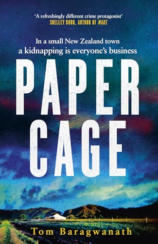 Book cover for "Paper Cage" with stormy sky and rural landscape.
