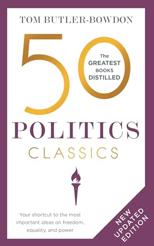 Book cover: "50 Politics Classics" with a flame icon and white background.