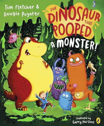 Orange dinosaur with a boy and several colorful monsters.