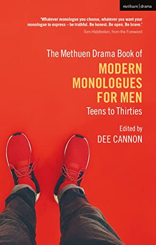 Red book cover with feet, titled "The Methuen Drama Book of Modern Monologues for Men".