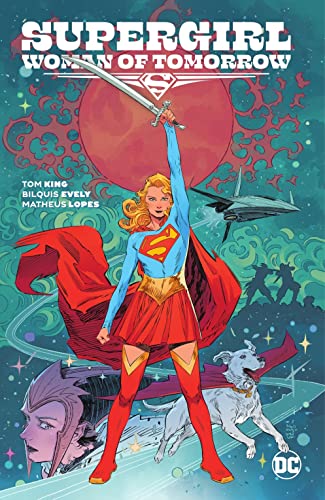 Supergirl stands holding a sword aloft with Krypto the dog against a cosmic background.