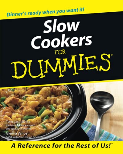 Book cover for "Slow Cookers for Dummies" with food image.