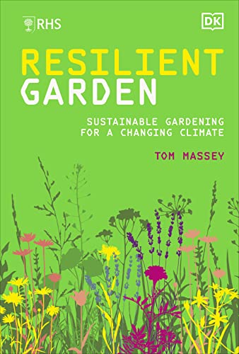 Book cover titled RHS Resilient Garden with a bright green background and floral illustrations.