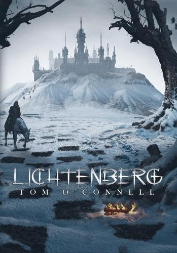 Fantasy book cover: knight on horseback before a snowy castle.