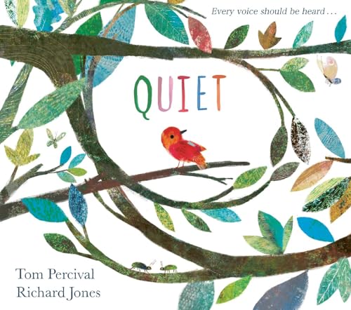 A small red bird sits on a tree branch surrounded by colorful textured leaves.