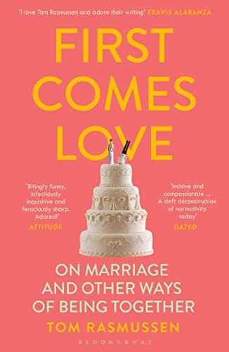 Book cover: "First Comes Love" with a wedding cake illustration.