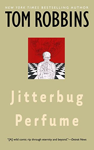 Book cover for Jitterbug Perfume by Tom Robbins featuring an illustration of a figure.