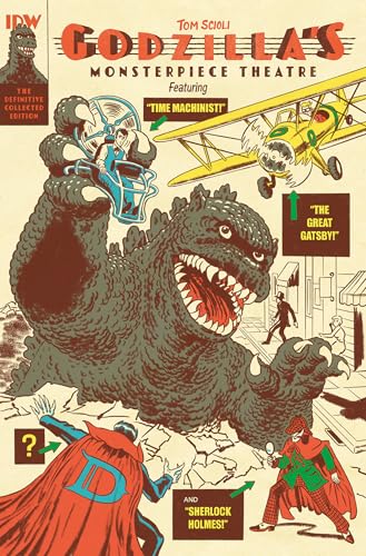 Godzilla and other monsters watch a biplane and people in costumes.