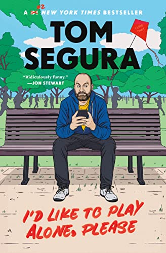Cartoon book cover featuring a man sitting on a park bench with a phone.