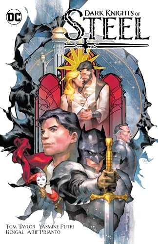 Comic book cover featuring Batman, Superman, and other characters in a medieval fantasy setting.