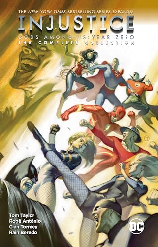 Comic book cover featuring superheroes in dynamic action poses, DC Comics logo.