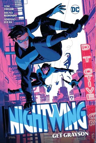 Nightwing in a blue and black suit leaping over a city with neon signs.