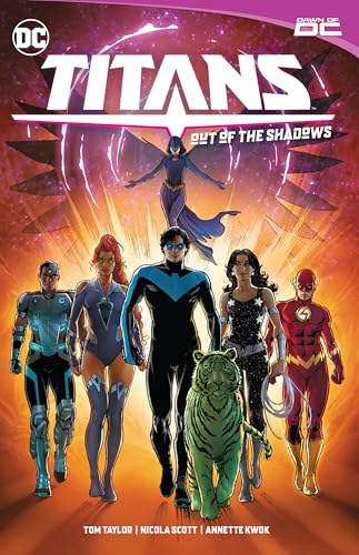 Comic book cover featuring Nightwing, Raven, and other DC Titans standing against orange light.