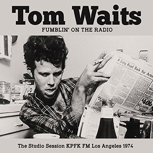 Black and white album cover of Tom Waits reading a newspaper.